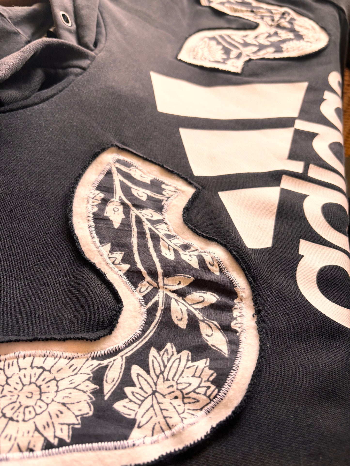 Upcycled Adidas Hoodie – One-of-a-Kind Reverse Applique | Size Large
