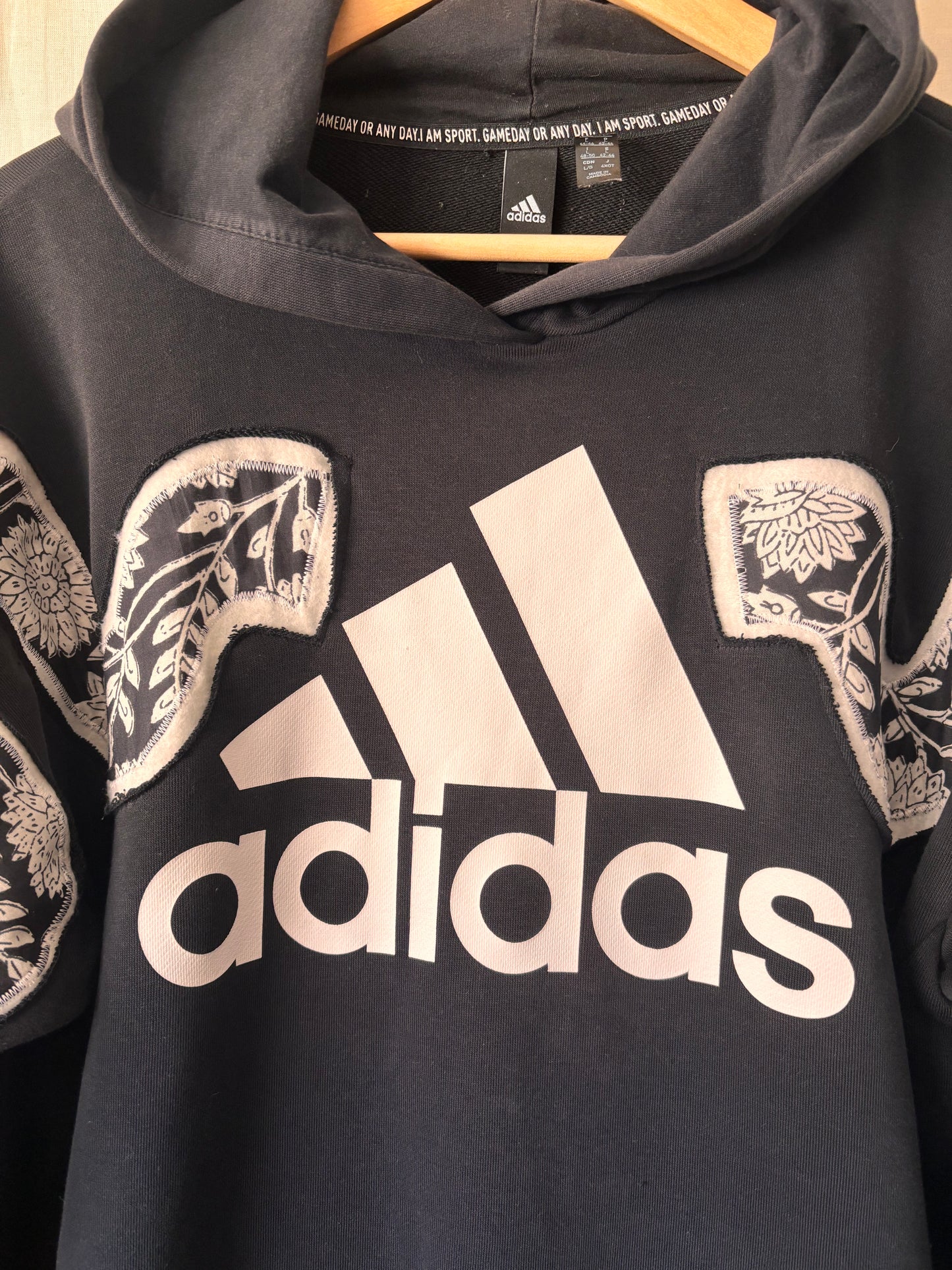 Upcycled Adidas Hoodie – One-of-a-Kind Reverse Applique | Size Large