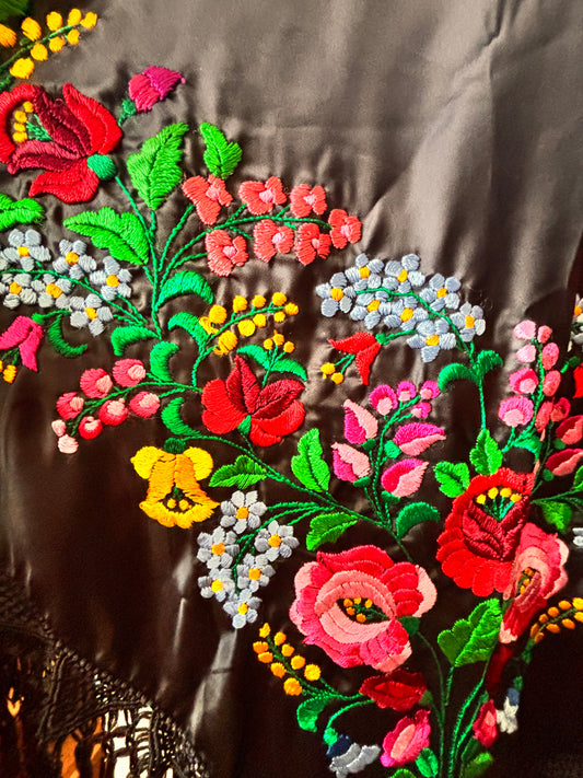Vintage Hungarian Hand-Embroidered Shawl – Black Satin with Floral Folk Embroidery (1980s)