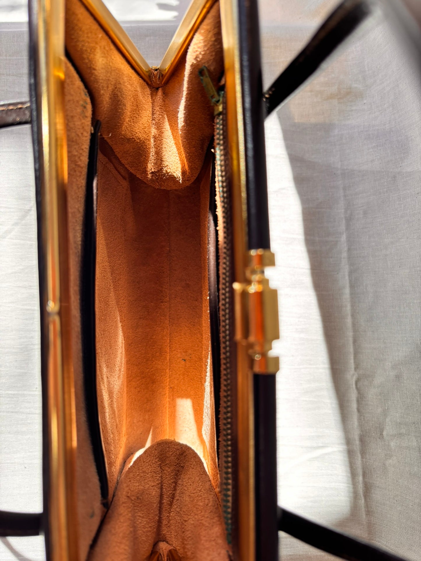 Vintage 1960s Chocolate Brown Leather Structured Handbag with Gold Frame