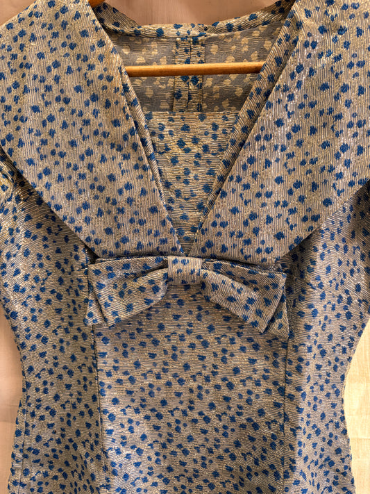 1960s Blue & Silver Lamé Cocktail Dress with Bow Detail