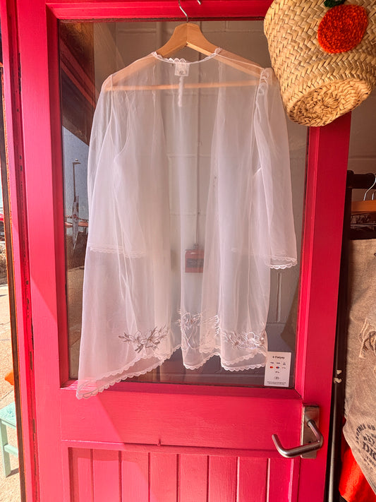 One-of-a-kind Vintage Sheer Bed Jacket with Embroidered Swans