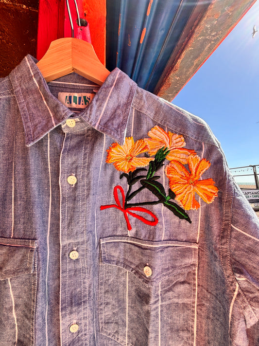 Hand Embroidered Floral Shirt | Lychnis Coronata Flower | One-of-a-Kind Wearable Art