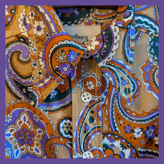 Collar detail of 1970s vintage paisley shirt dress from Westbury Fashions