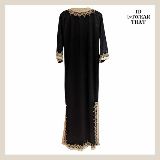 Back view of Vintage Black & Gold Embroidered Moroccan Kaftan