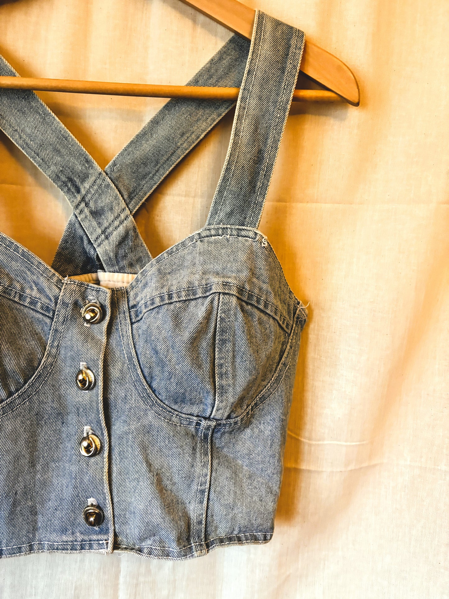 Vintage 80s Patty’s Denim Bustier Crop Top – Made in USA (Size L)