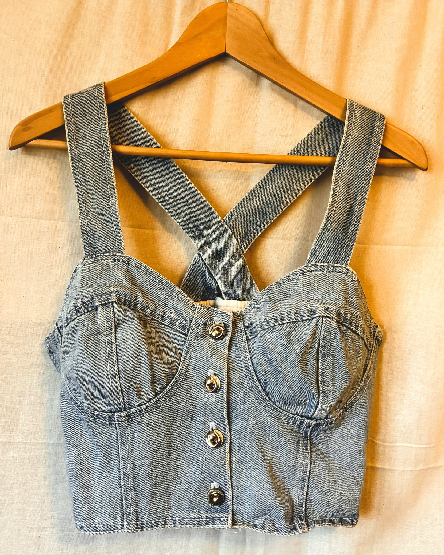 Vintage 80s Patty’s Denim Bustier Crop Top – Made in USA (Size L)