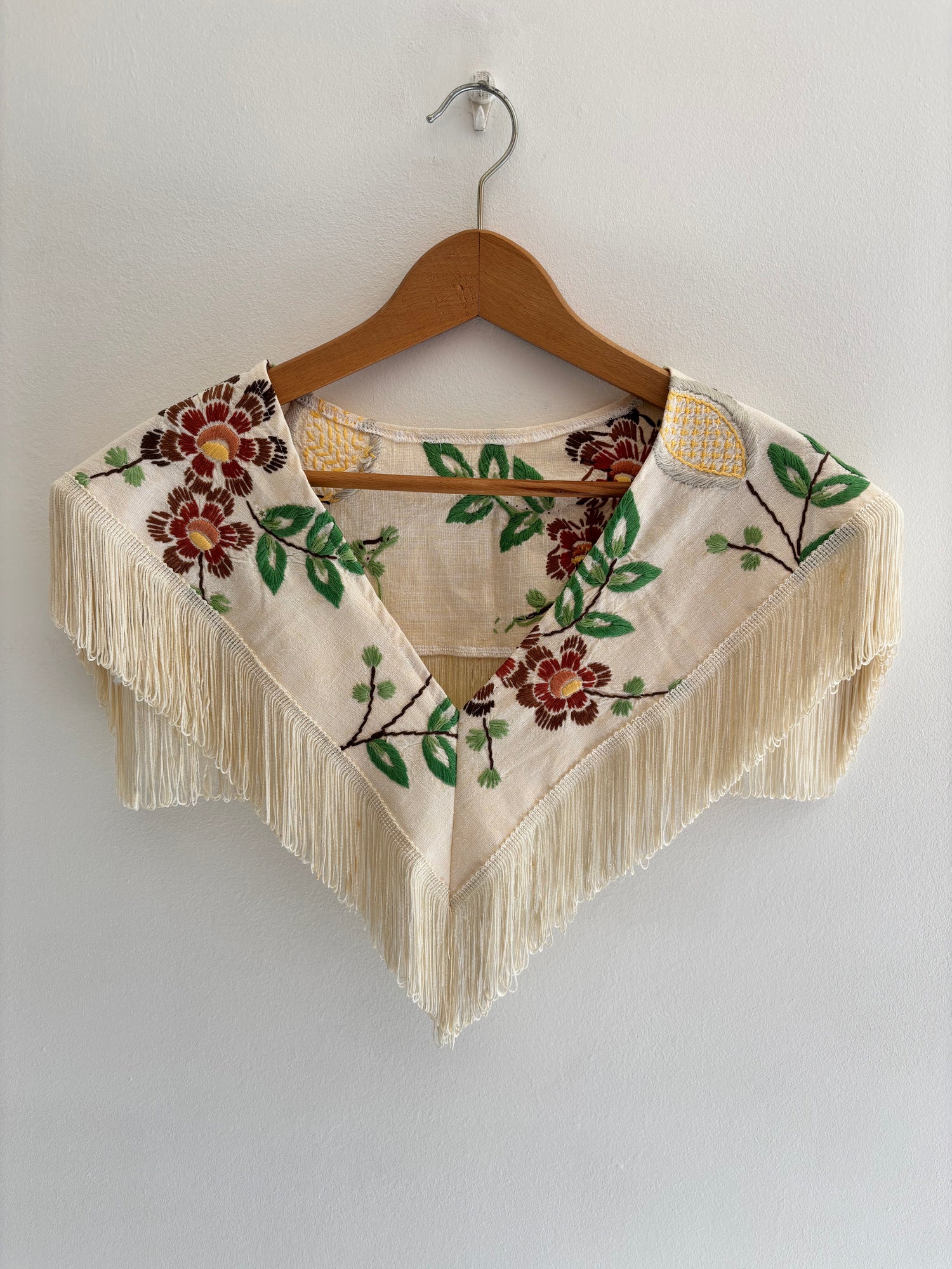 vintage embroidered fringed shawl collar