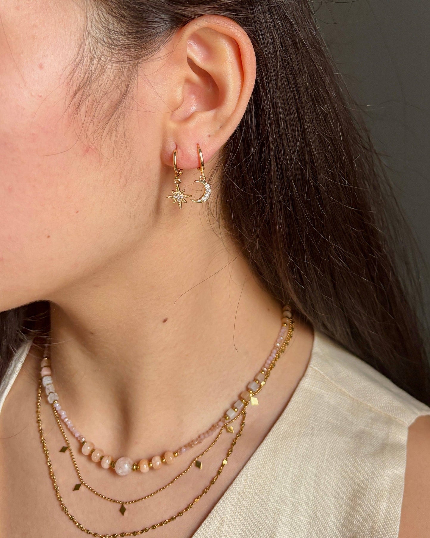 14ct Gold Plated Mismatched Cubic Zirconia Star And Moon Huggie Earrings