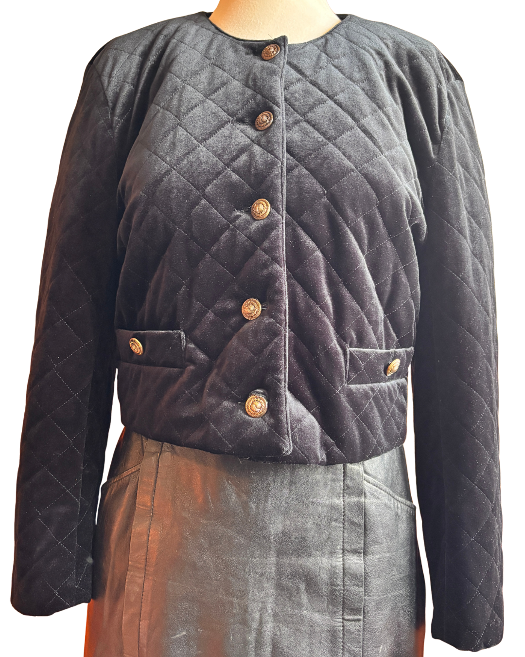 Vintage Black Quilted Velvet Cropped Jacket with Gold Buttons – UK 10