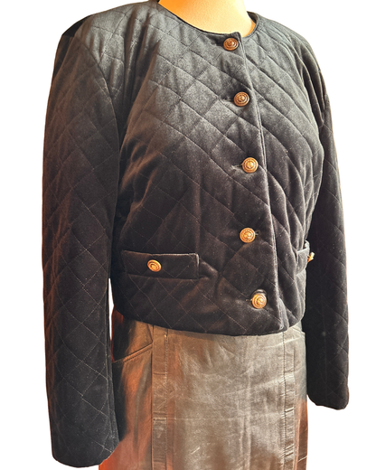Vintage Black Quilted Velvet Cropped Jacket with Gold Buttons – UK 10