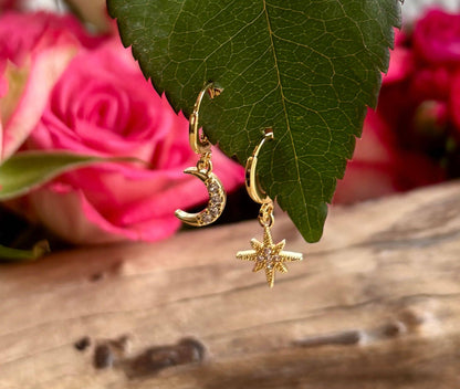 14ct Gold Plated Mismatched Cubic Zirconia Star And Moon Huggie Earrings