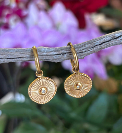 18ct Gold Plated Cubic Zirconia Sun Disc Huggie Earrings