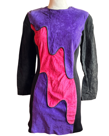 Vintage Phoenix Colour Block Suede Bodycon Dress – Purple & Pink