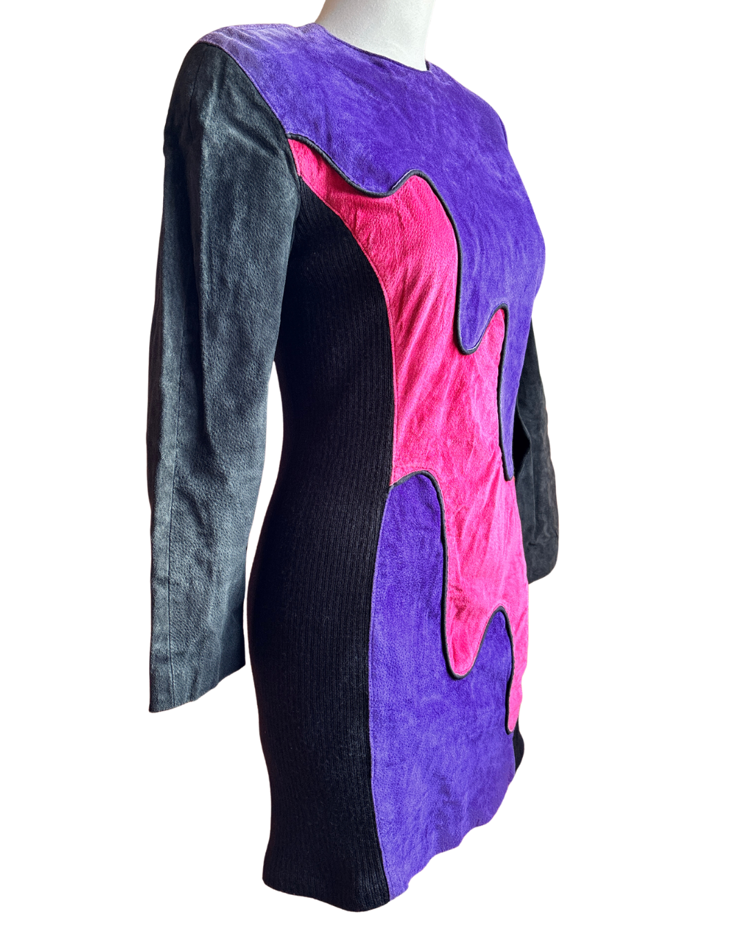 Vintage Phoenix Colour Block Suede Bodycon Dress – Purple & Pink