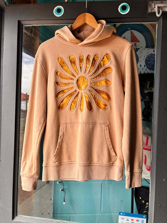 Front view of One-of-a-Kind Camel Beige Upcycled Hoodie with reverse applique flower on the front. Made from vintage fabrics