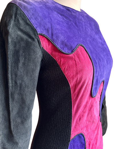 Vintage Phoenix Colour Block Suede Bodycon Dress – Purple & Pink