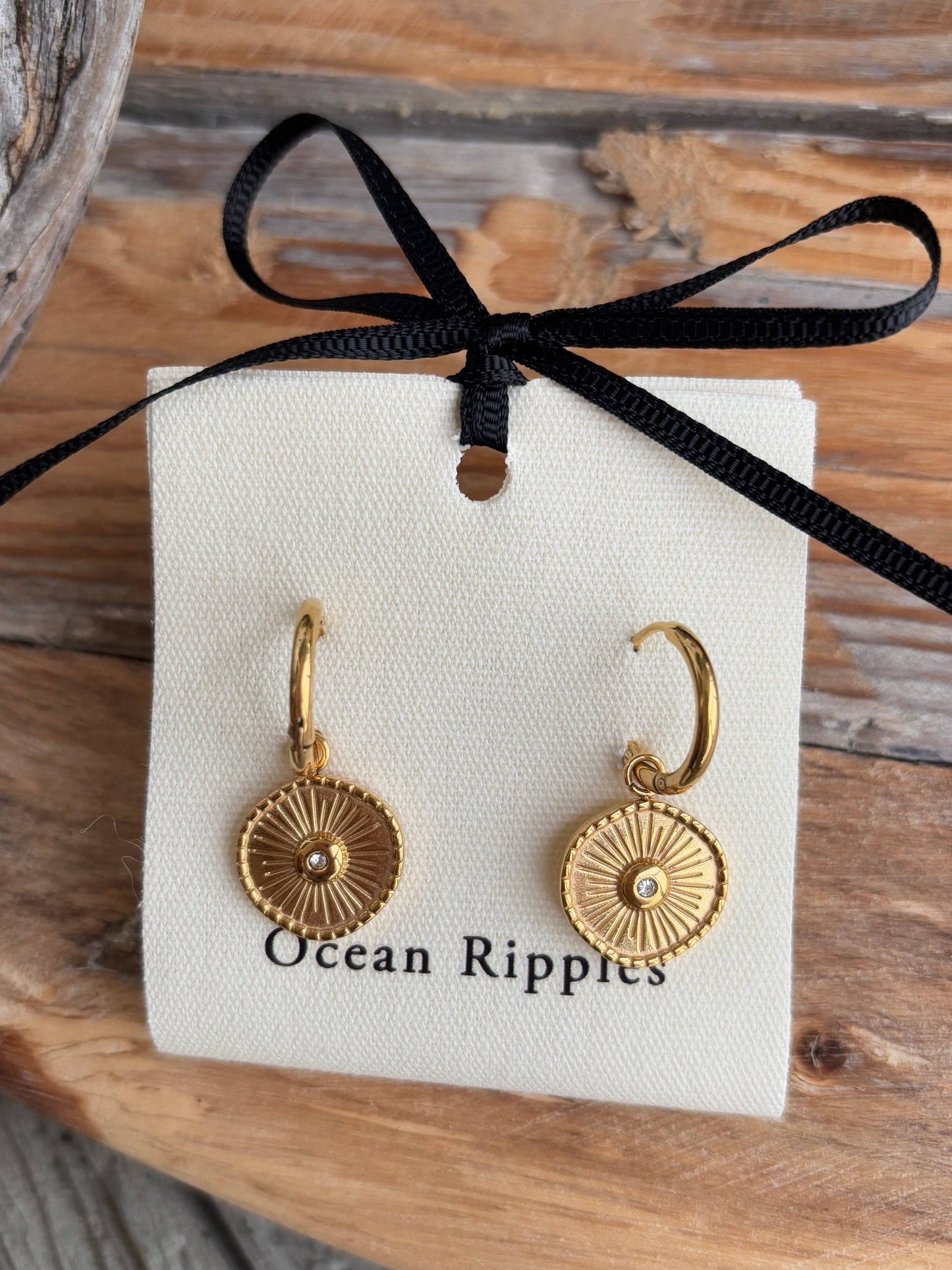 18ct Gold Plated Cubic Zirconia Sun Disc Huggie Earrings