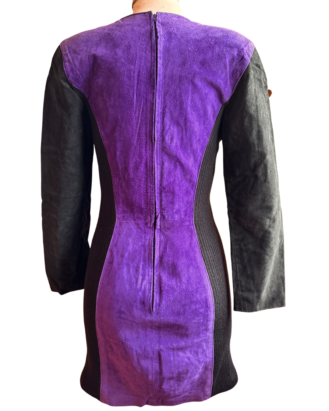 Vintage Phoenix Colour Block Suede Bodycon Dress – Purple & Pink