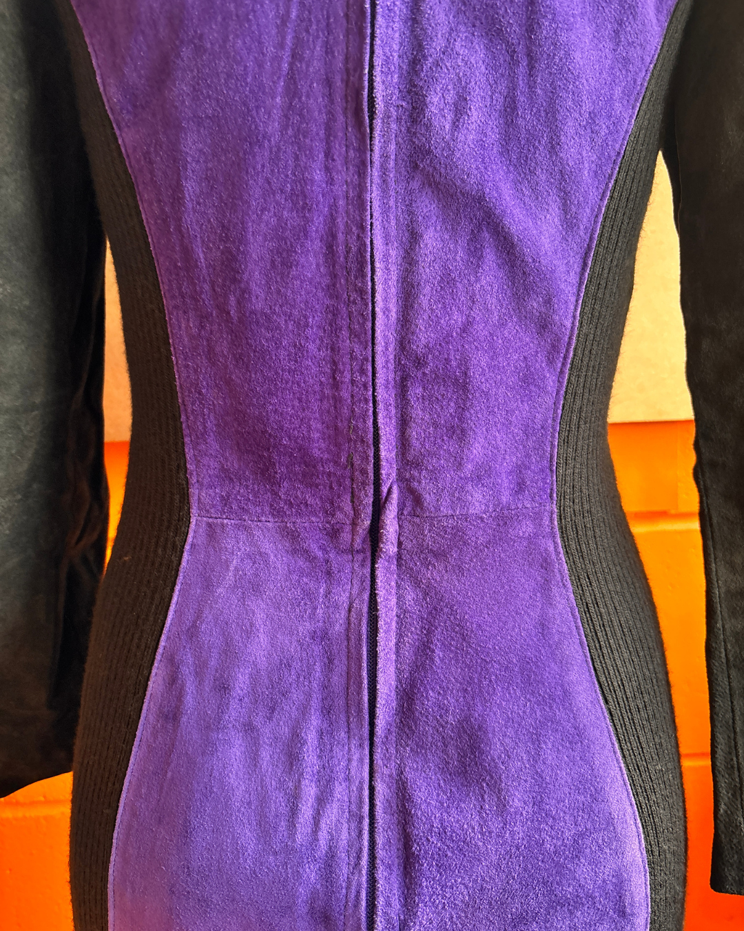 Vintage Phoenix Colour Block Suede Bodycon Dress – Purple & Pink