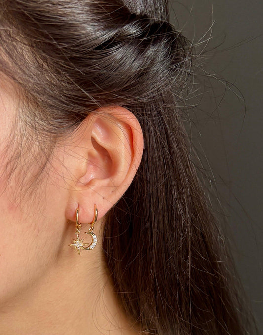 14ct Gold Plated Mismatched Cubic Zirconia Star And Moon Huggie Earrings