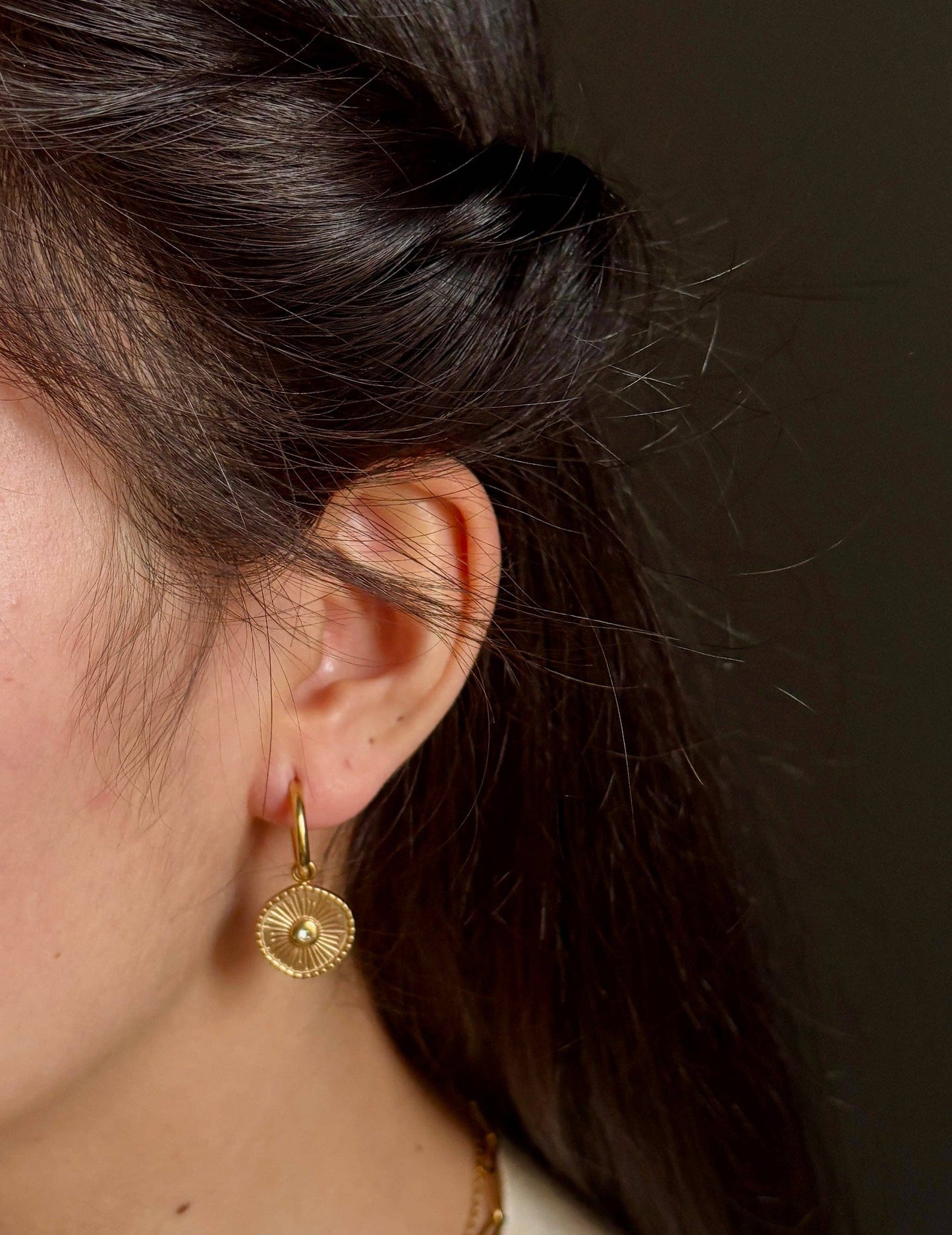 18ct Gold Plated Cubic Zirconia Sun Disc Huggie Earrings