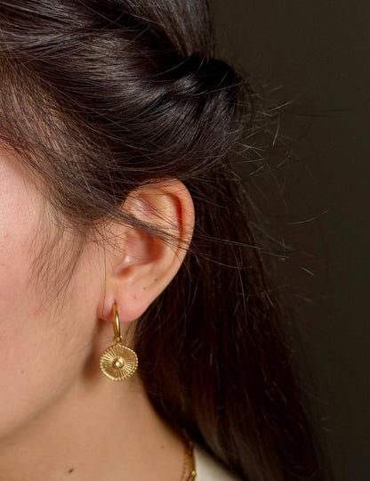 18ct Gold Plated Cubic Zirconia Sun Disc Huggie Earrings