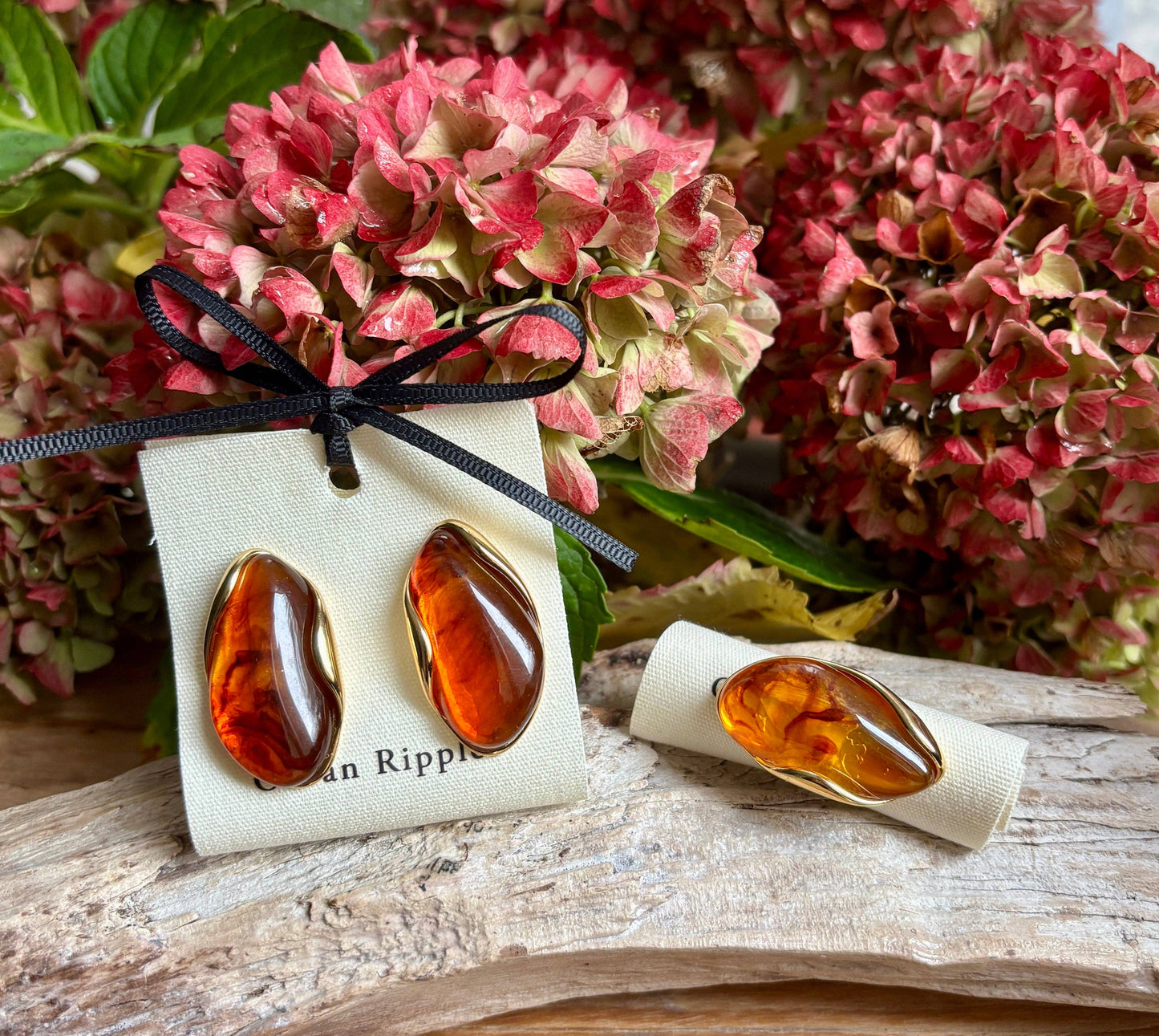 18ct Gold Plated Amber Resin Statement Ring