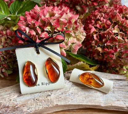 18ct Gold Plated Amber Resin Statement Ring