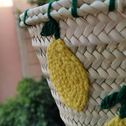 Handwoven Lemon Straw Basket Bag – Embroidered Fruit Design with Green Handles
