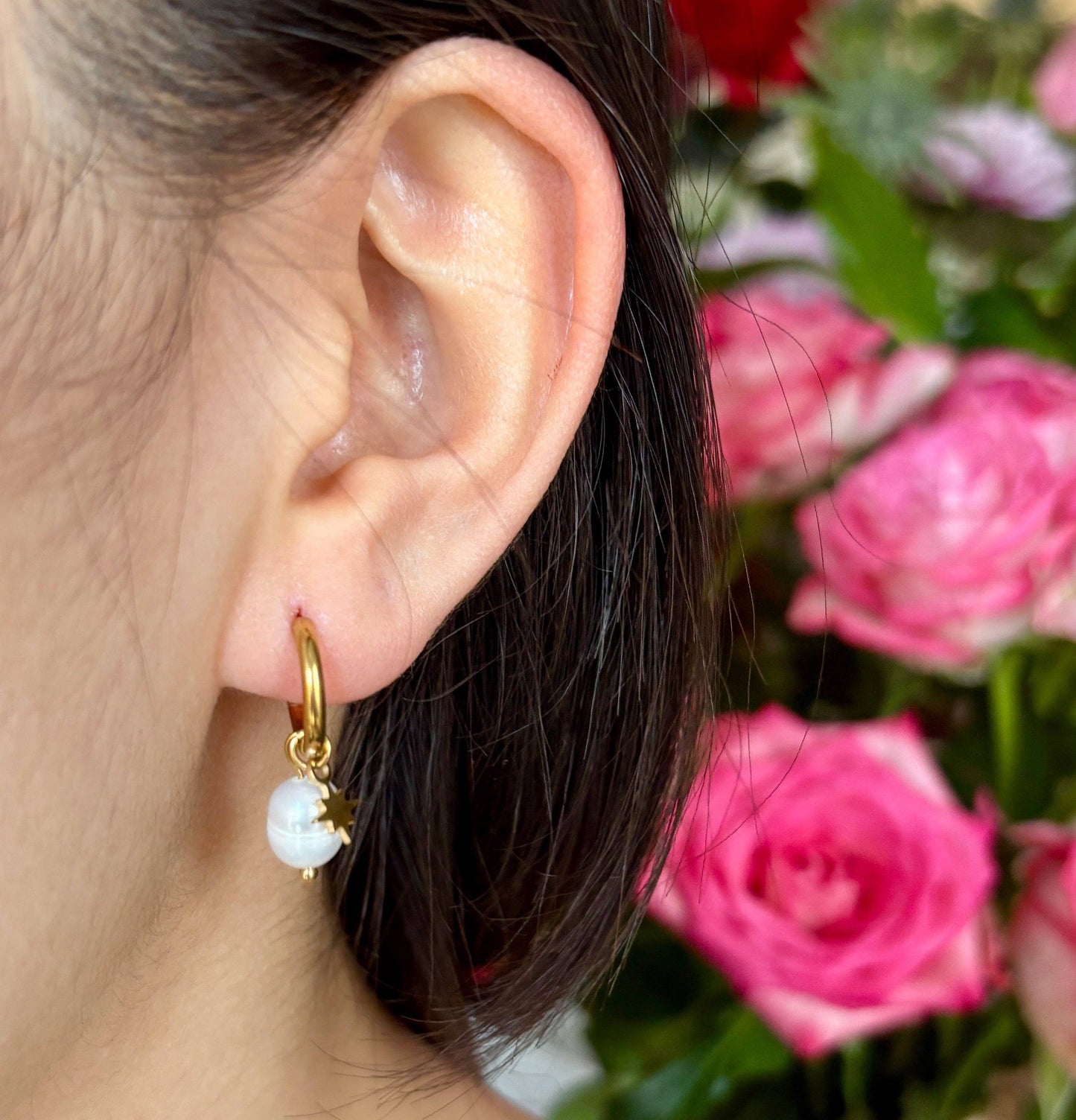 18ct Gold Plated Fresh Water Pearl Gold Star Huggie Earrings