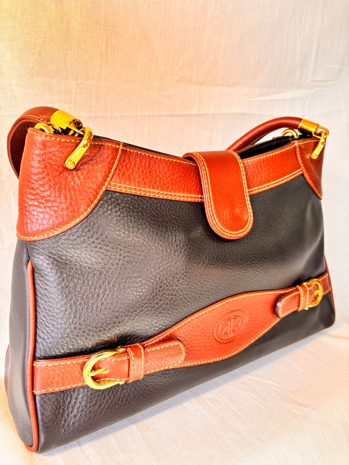 90s Black and Tan Spanish Leather Kelly Style Handbag - I'd Wear That