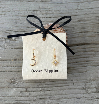 14ct Gold Plated Mismatched Cubic Zirconia Star And Moon Huggie Earrings