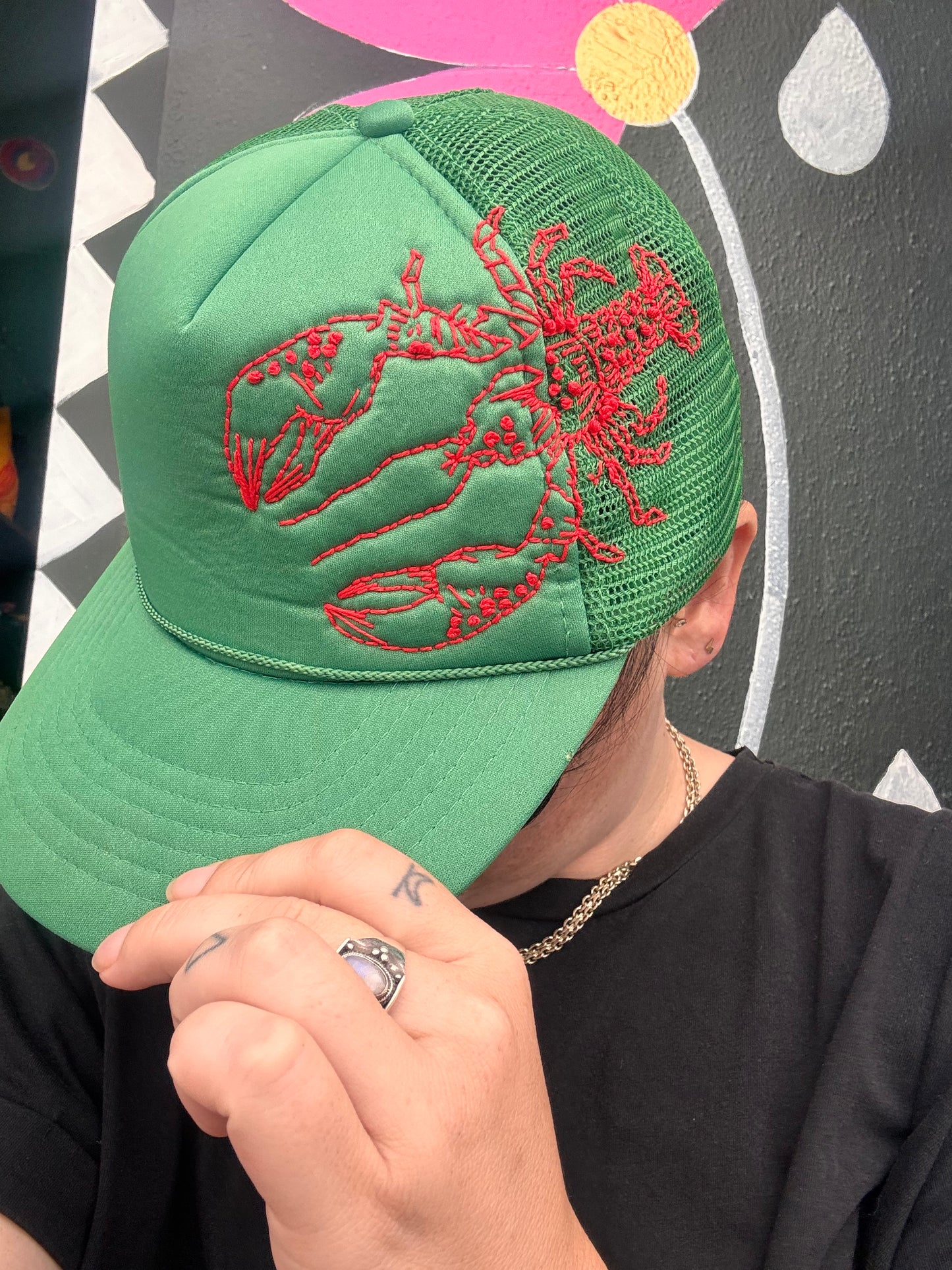 Upcycled Green Trucker Cap with Hand-Embroidered Lobster