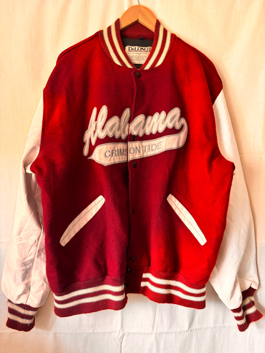 Vintage DeLONG Alabama Crimson Tide Varsity Jacket – Red Wool & White Vinyl Sleeves, USA Made
