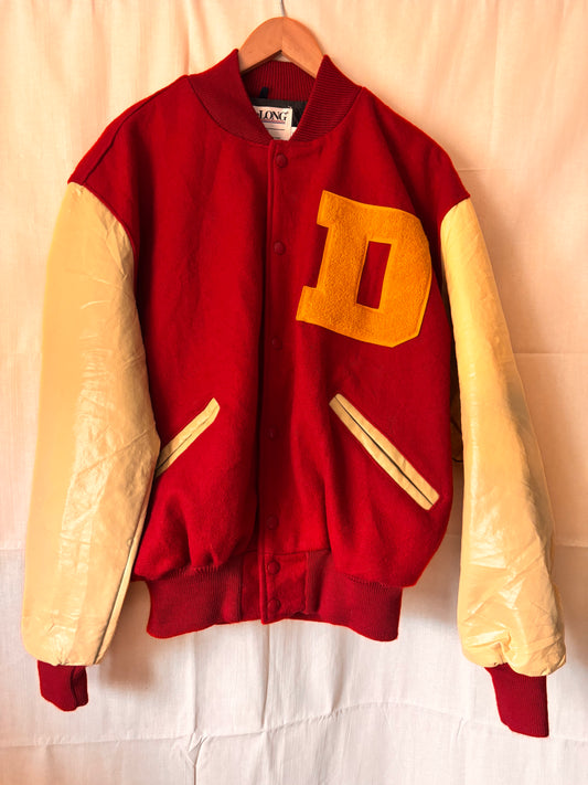 Vintage DeLONG Varsity Jacket – Red Wool & Vinyl Letterman Coat, USA Made, Size L