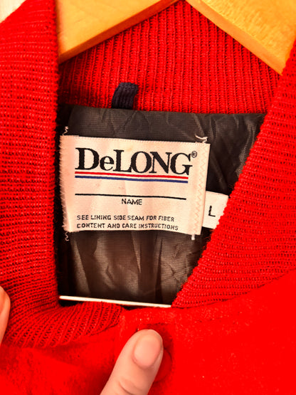 Vintage DeLONG Varsity Jacket – Red Wool & Vinyl Letterman Coat, USA Made, Size L