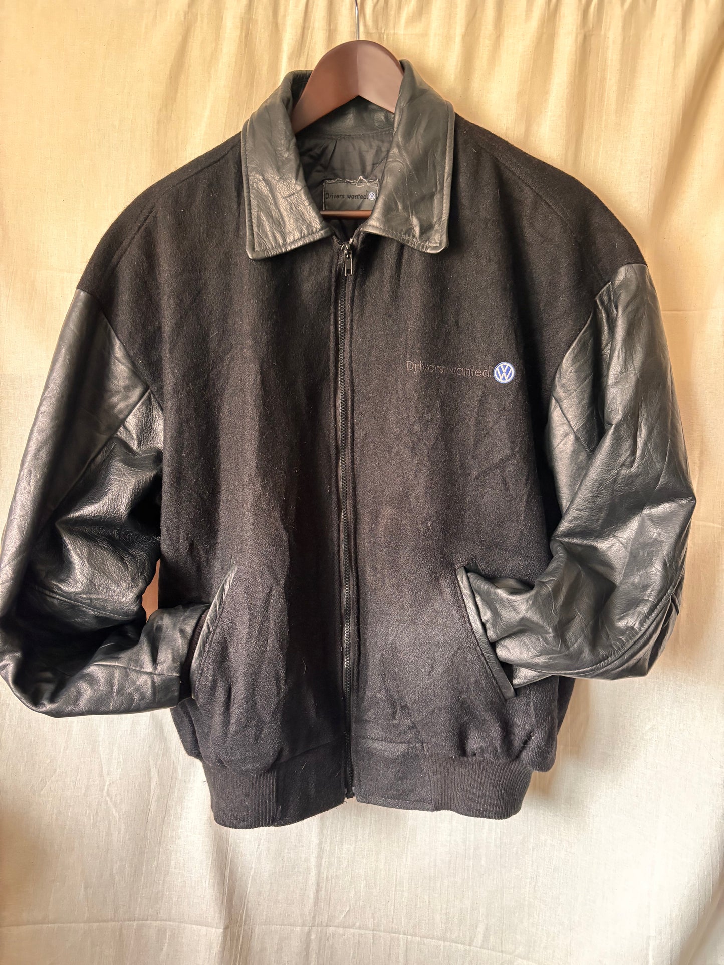 Vintage Volkswagen “Drivers Wanted” Varsity Jacket – Black Wool & Leather (1990s)
