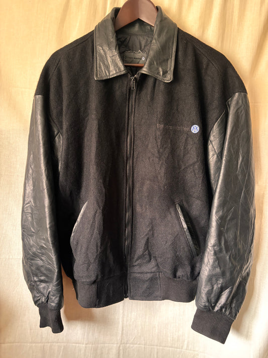 Vintage Volkswagen “Drivers Wanted” Varsity Jacket – Black Wool & Leather (1990s)