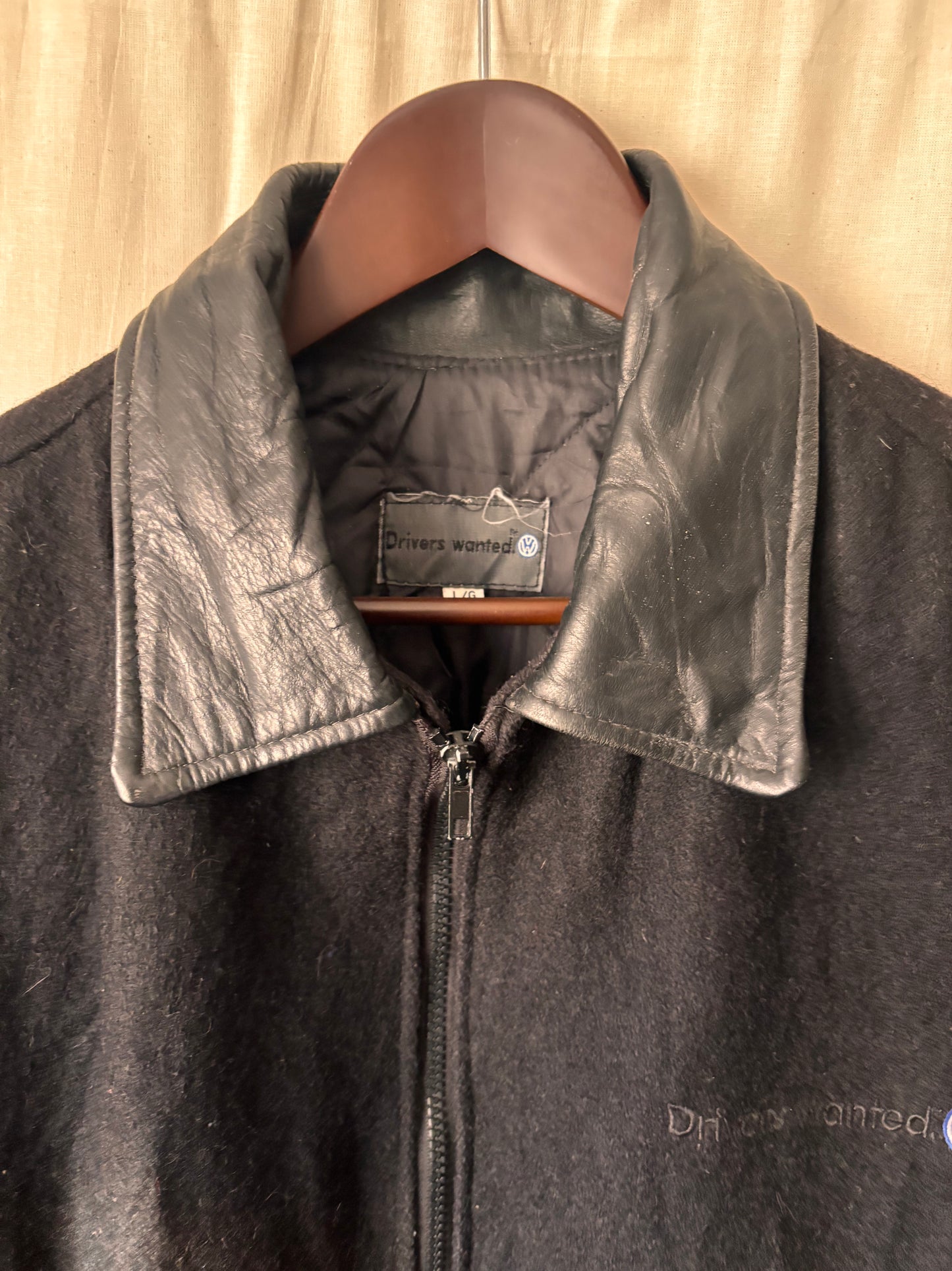 Vintage Volkswagen “Drivers Wanted” Varsity Jacket – Black Wool & Leather (1990s)