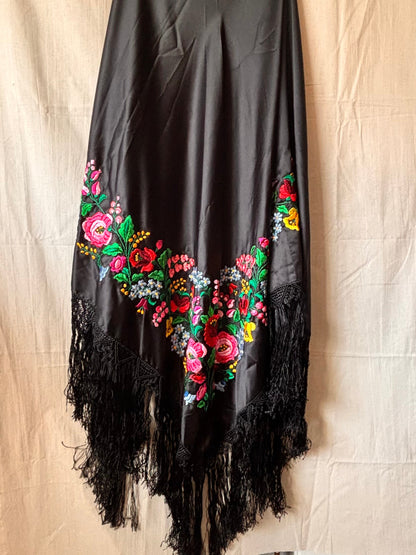 Vintage Hungarian Hand-Embroidered Shawl – Black Satin with Floral Folk Embroidery (1980s)
