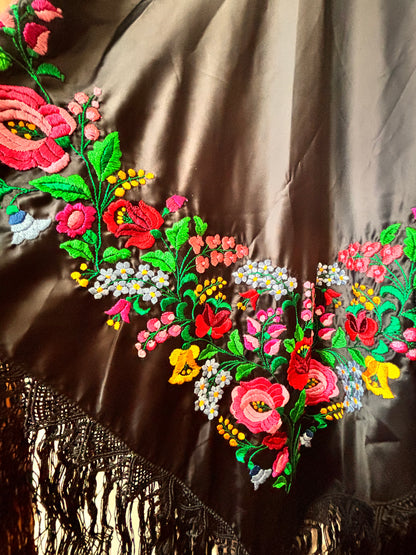 Vintage Hungarian Hand-Embroidered Shawl – Black Satin with Floral Folk Embroidery (1980s)