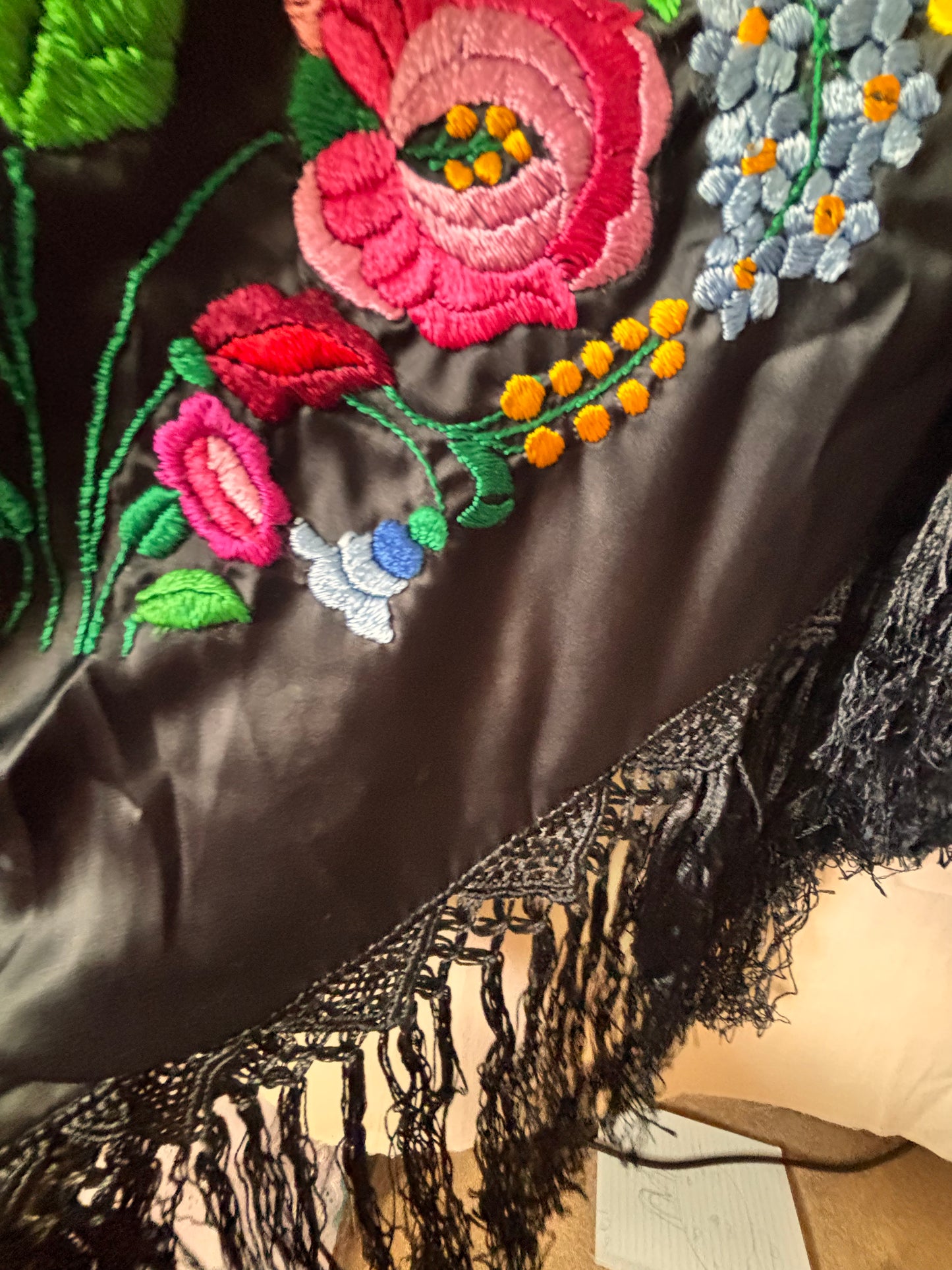 Vintage Hungarian Hand-Embroidered Shawl – Black Satin with Floral Folk Embroidery (1980s)