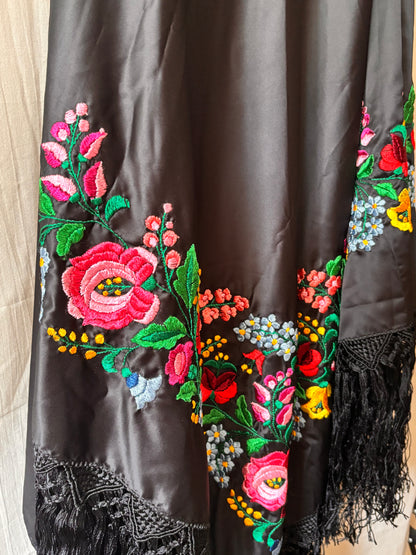 Vintage Hungarian Hand-Embroidered Shawl – Black Satin with Floral Folk Embroidery (1980s)