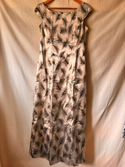 Vintage Silver Brocade Cocktail Dress with Feather Motif