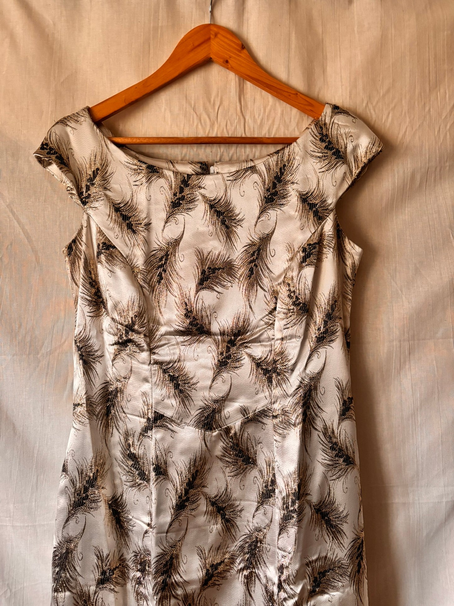 Vintage Silver Brocade Cocktail Dress with Feather Motif