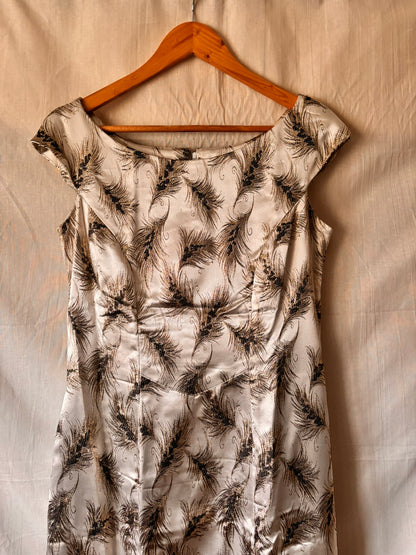 Vintage Silver Brocade Cocktail Dress with Feather Motif