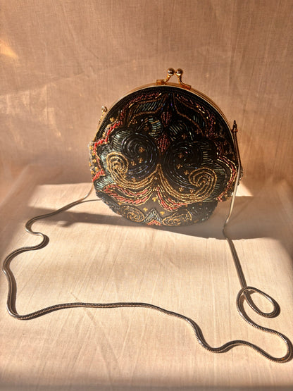 Vintage 90s Beaded Evening Bag by Dolcis | Black Beaded Clutch with Chain Strap