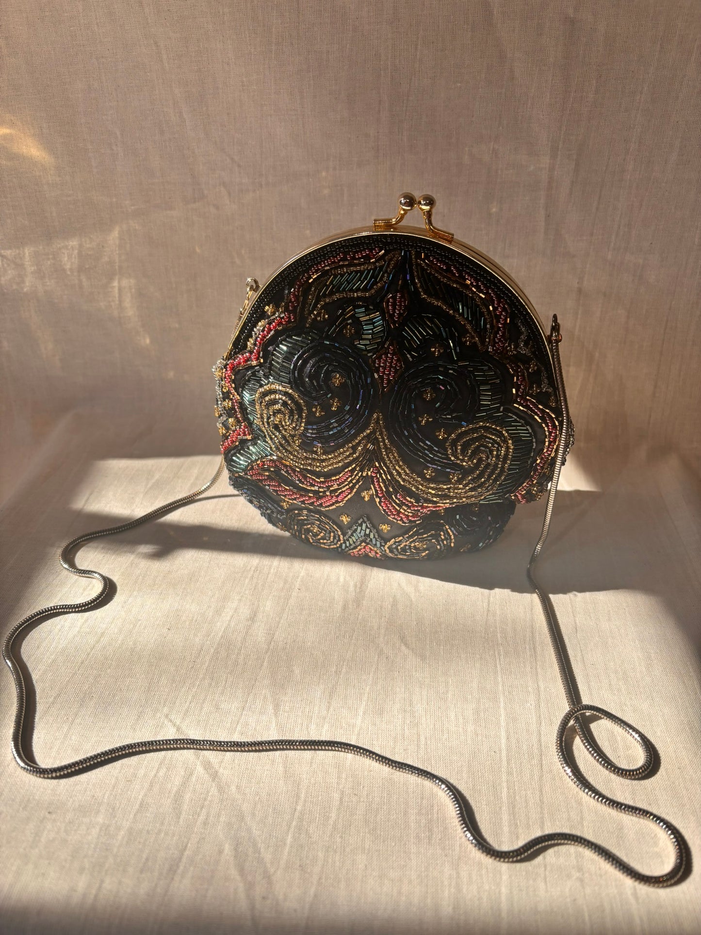 Vintage 90s Beaded Evening Bag by Dolcis | Black Beaded Clutch with Chain Strap