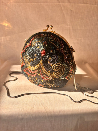 Vintage 90s Beaded Evening Bag by Dolcis | Black Beaded Clutch with Chain Strap